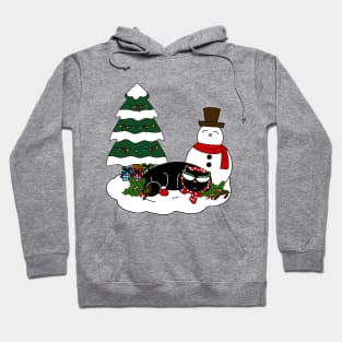 Winter Cat with Christmas Tree and Snowman Hoodie